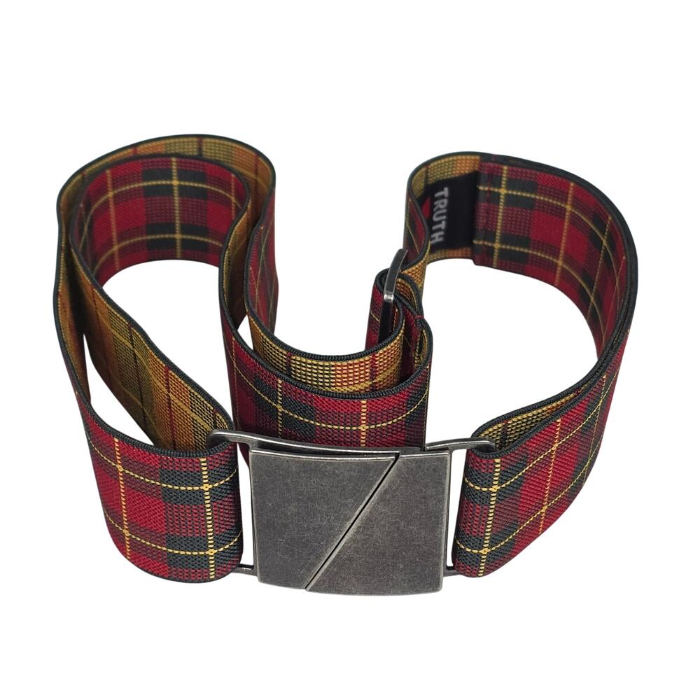 TRUTH PLAID STRETCH BELT – RED TARTAN – UNISEX – INTERLOCKING BUCKLE – 23–39"